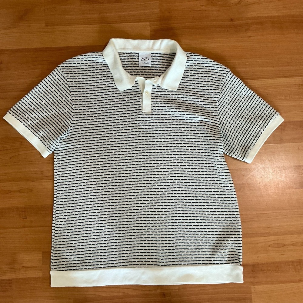Zara Mens L Black White Textured Knit Stripe Polo Shirt Short Sleeve Retro